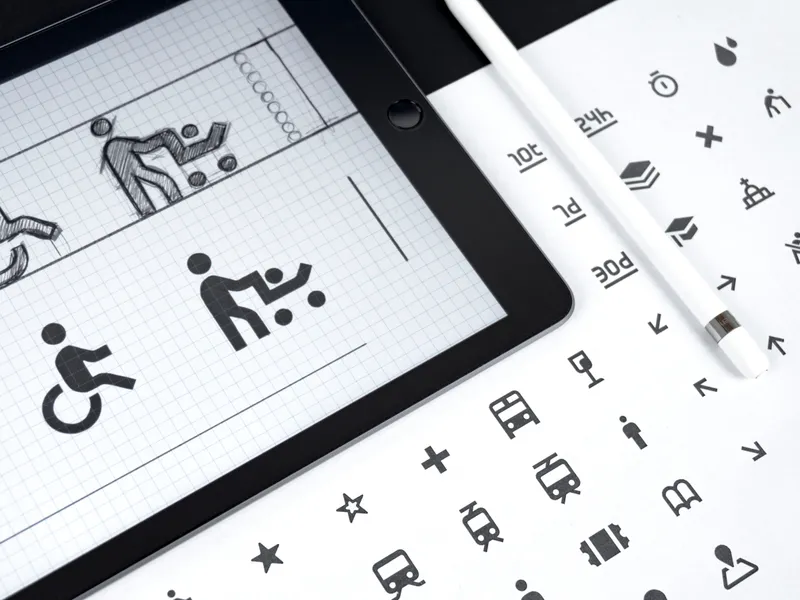 An iPad showing the process of designing an icon. The iPad is over a paper with many icons already designed.