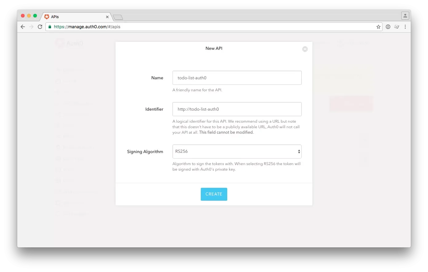 Auth0 website with the fields to create the API.