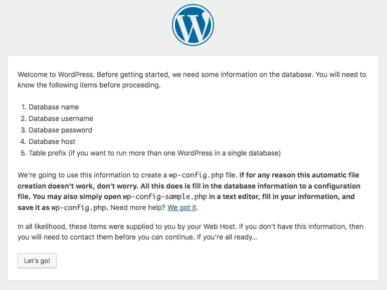 Wordpress installation process, first step.