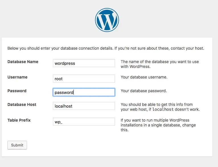 Wordpress configuration of the database username and password.